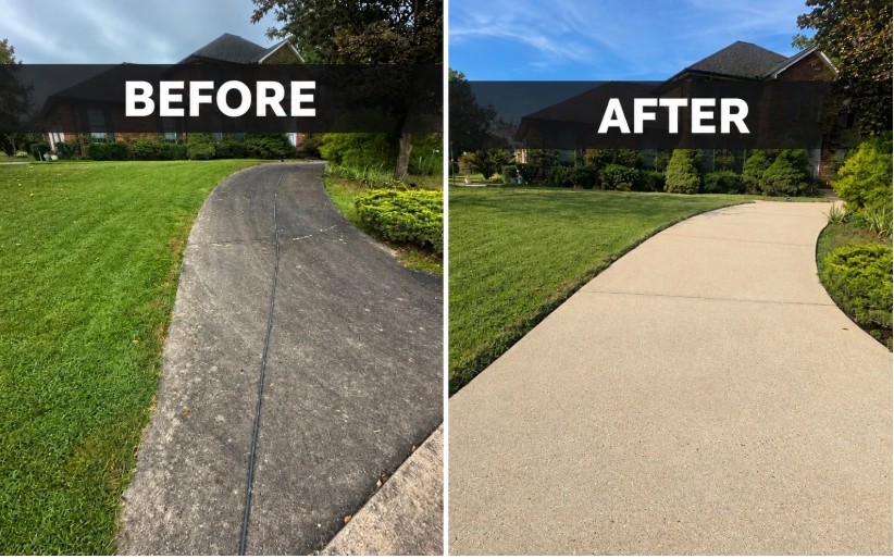 Before and after driveway cleaning showing dark buildup removed from a curved concrete driveway