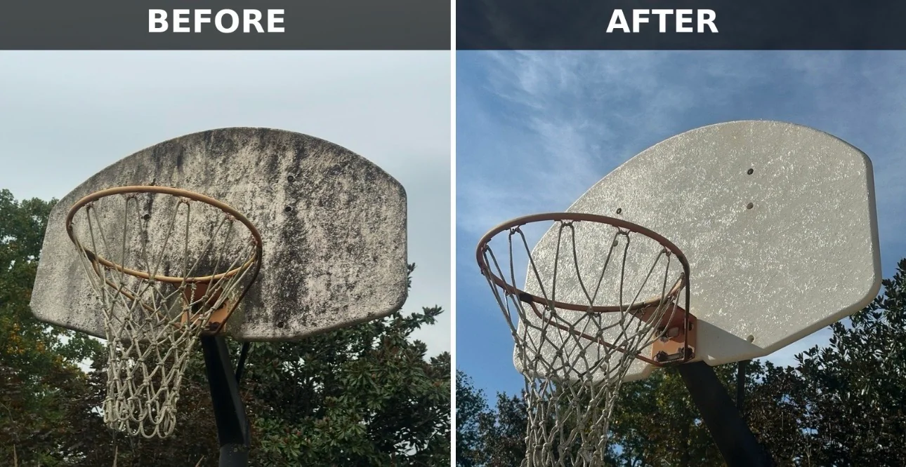 Before and after basketball backboard cleaning in Nitro, West Virginia, showing dark surface buildup removed.