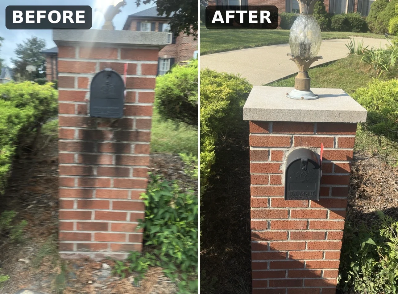 Before and after brick mailbox and cap cleaning in Milton, West Virginia.