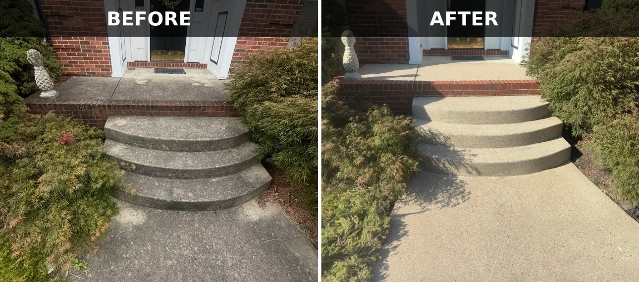 Before and after concrete entry steps and front walkway pressure washing in Hurricane, West Virginia.