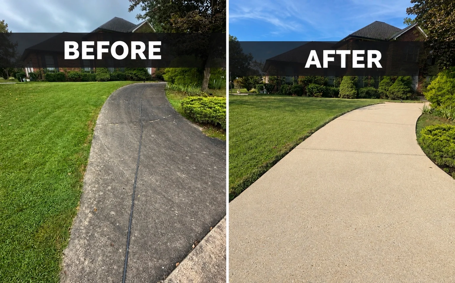 Before and after a curved concrete walkway cleaning in Hurricane, West Virginia.
